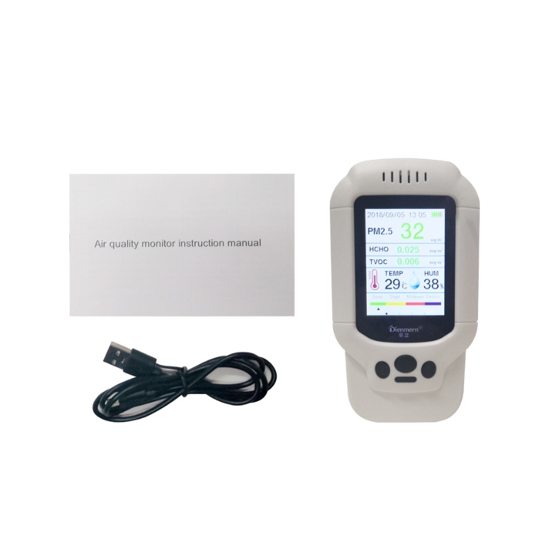 كاشف الغاز المحمول PM2.5 PM1.0 PM10 HCHO TVOC AQI كاشف الهواء مع درجة الحرارة والرطوبة