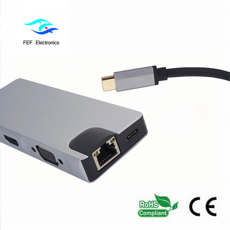 نوع USB c / HDMI أنثى + VGA أنثى + 2 * USB3.0 أنثى + SD + TF + PD حالة المعادن