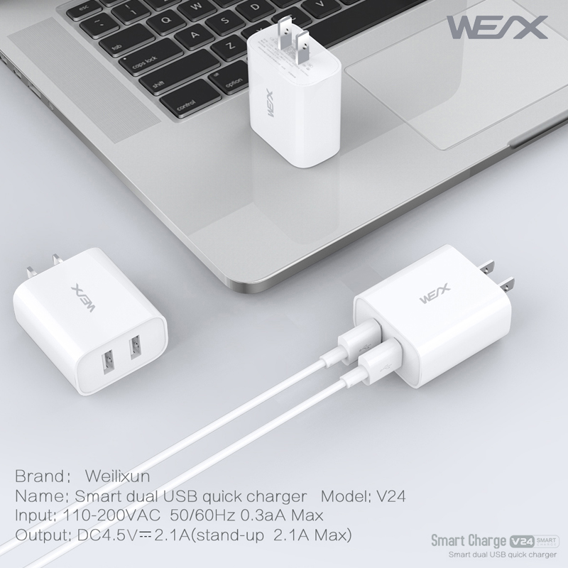 WEX - V24 شاحن السفر المزدوج USB ، شاحن الجدار ، محول الطاقة