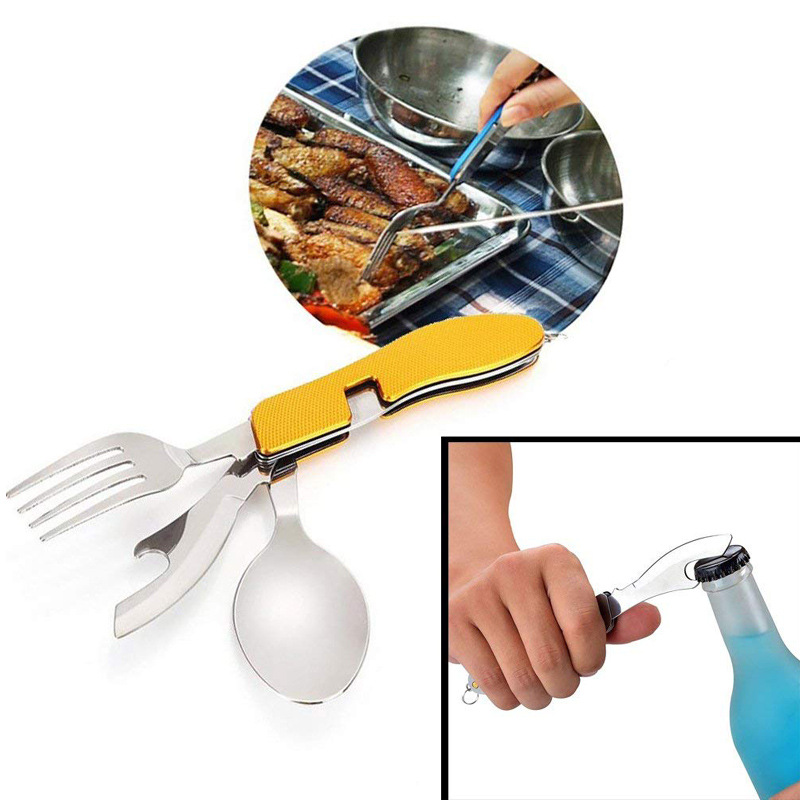 طقم أدوات مائدة قابلة للطي متعدد الوظائف مع أربعة سكاكين وشوك وملاعق
