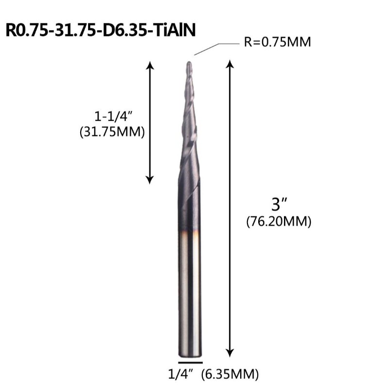 مستدق نهاية الكرة مطحنة الأنف 1/4 × 3 بوصة مع 0.75 ملليمتر الكرة الأنف 4.36 درجة ل cnc آلة الحفر نحت بت