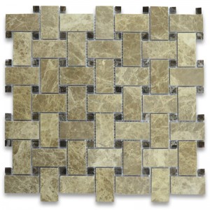 Emperador Light 1x2 Basketweave Mosaic Tile w Emperador Dark Dots مصقول