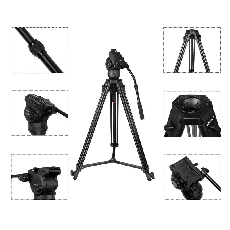 KINGJOY 3 مقاطع فيديو ترايبود VT-2100L للخدمة الشاقة المهنية مع VT-3550 لرأس التخميد السائل لكاميرا الفيديو