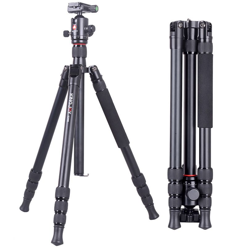 Kingjoy Travel Tripod Kit ، حامل ثلاثي الأبعاد لكاميرا الفيديو الألومنيوم مع رأس السحب عموم المائع ، العمود الأوسط ، زاوية الساق القابلة للتعديل ، متوافق مع تصوير فيديو Nikon DSLR من كانون