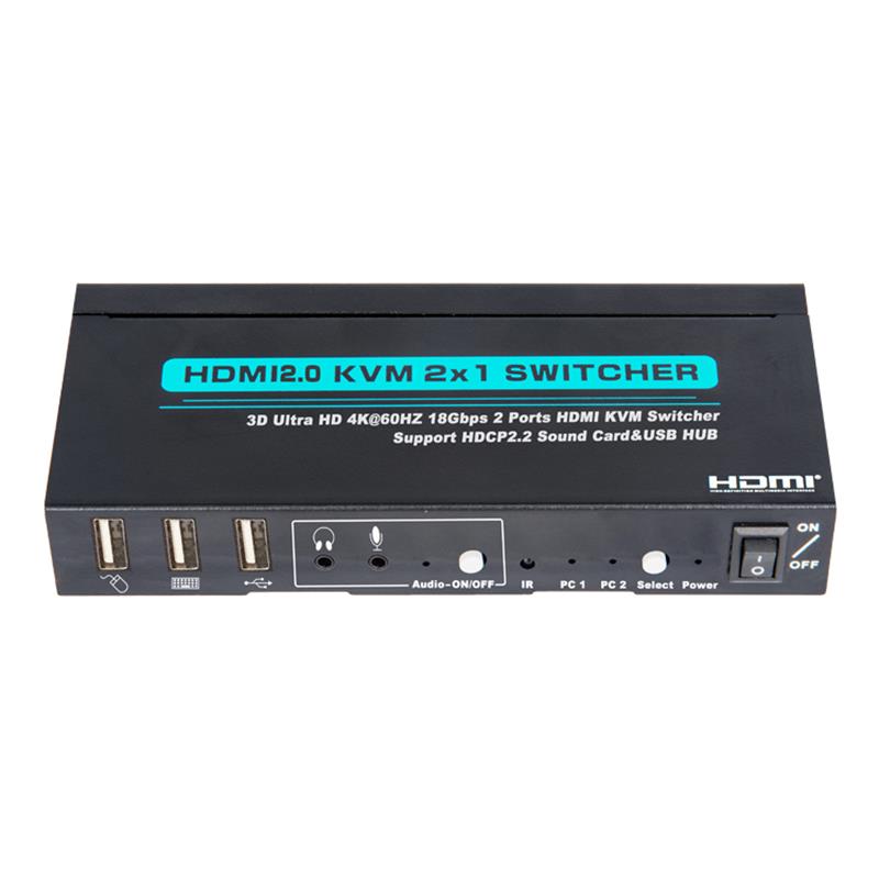 V2.0 HDMI KVM 2x1 Switch Switch دعم بطاقة الصوت فائقة الدقة بدقة 18 جيجابت في الثانية بسرعة 20 كيلو بت في الثانية و HDCP2.2 بسرعة 18 جيجابت في الثانية ومحور USB