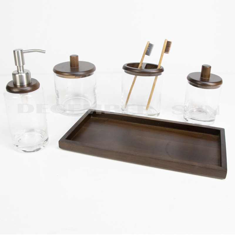 الزجاج الشفاف مع مجموعة أجزاء الحمام الخشبية