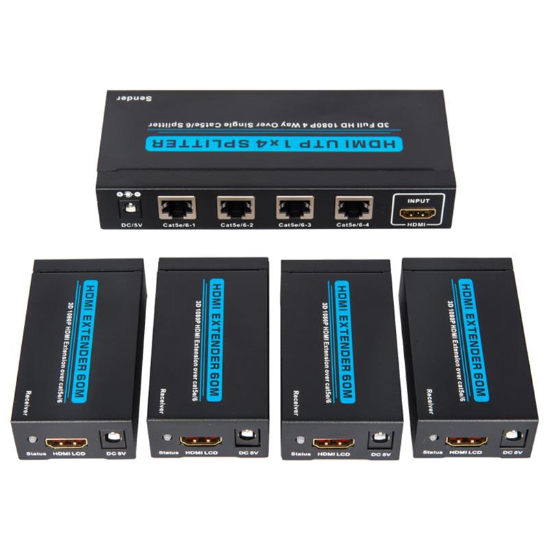 4 منافذ HDMI UTP 1x4 Splitter Over Cat5e / 6 مع 4 أجهزة استقبال حتى 60 متر