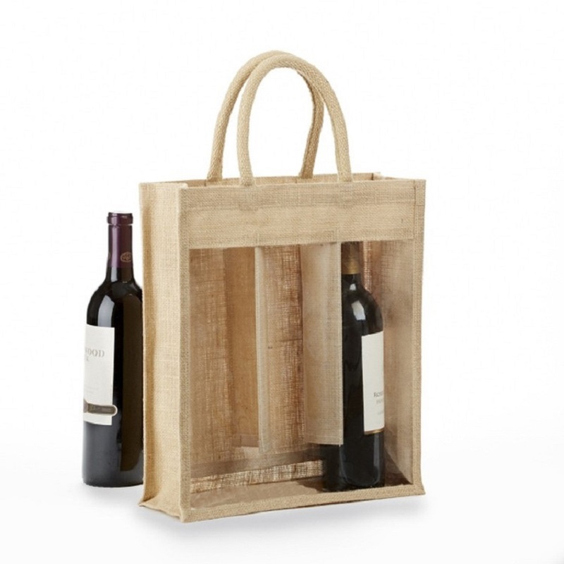 أكياس التسوق SGS52 مخصص مطبوعة الصديقة للبيئة 3 زجاجة الجوت زجاجة النبيذ حمل مع النافذة