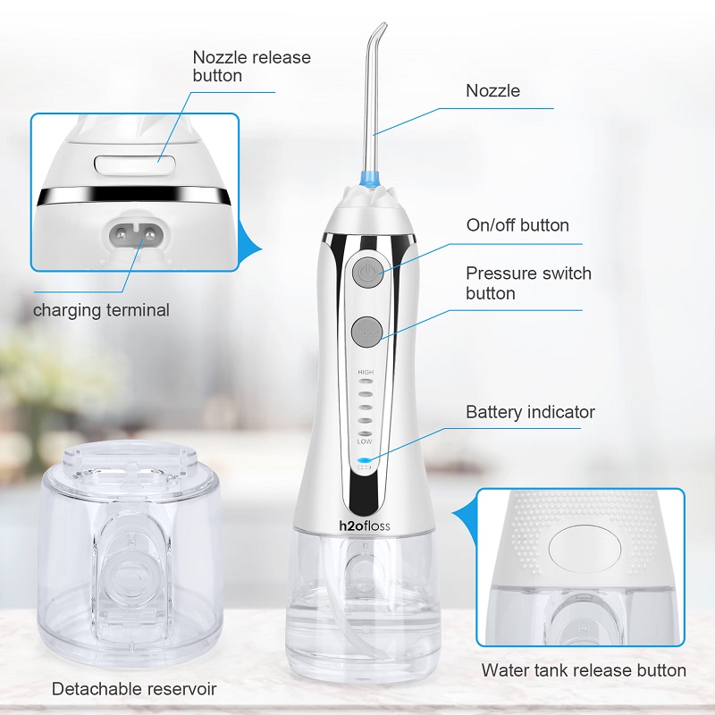 H2ofloss Water Flosser Professional اللاسلكي عن طريق الفم الري عن طريق الفم - المحمولة وقابلة لإعادة الشحن IPX7 ماء الخيط لتنظيف الأسنان ، 300 مل خزان المنزل والسفر (HF-2)