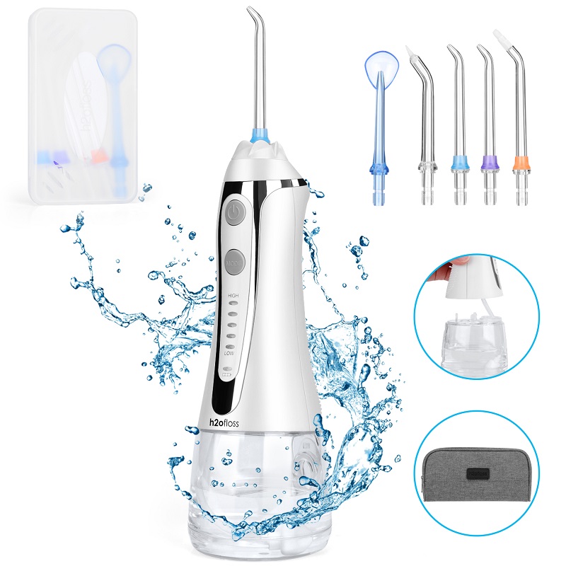 H2ofloss Water Flosser Professional اللاسلكي عن طريق الفم الري عن طريق الفم - المحمولة وقابلة لإعادة الشحن IPX7 ماء الخيط لتنظيف الأسنان ، 300 مل خزان المنزل والسفر (HF-2)