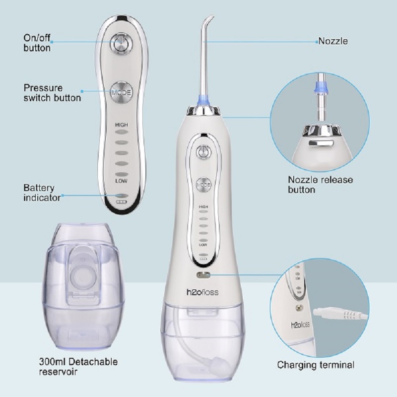 H2ofloss Water Flosser Professional اللاسلكي عن طريق الفم الري عن طريق الفم - المحمولة وقابلة لإعادة الشحن IPX7 ماء الخيط لتنظيف الأسنان ، 300 مل خزان المنزل والسفر (HF-6)