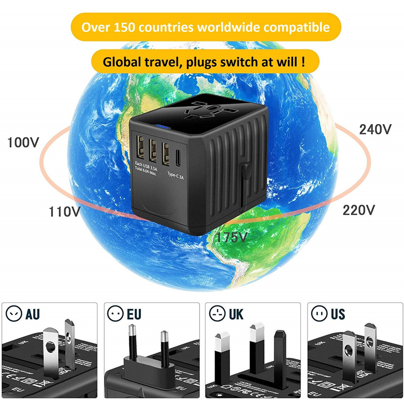 RRTRAVEL محول السفر الدولي محول الطاقة العالمي في جميع أنحاء العالم الكل في واحد 4 USB مع قابس كهربائي مثالي للولايات المتحدة والاتحاد الأوروبي والمملكة المتحدة والاتحاد الأفريقي 160 دولة