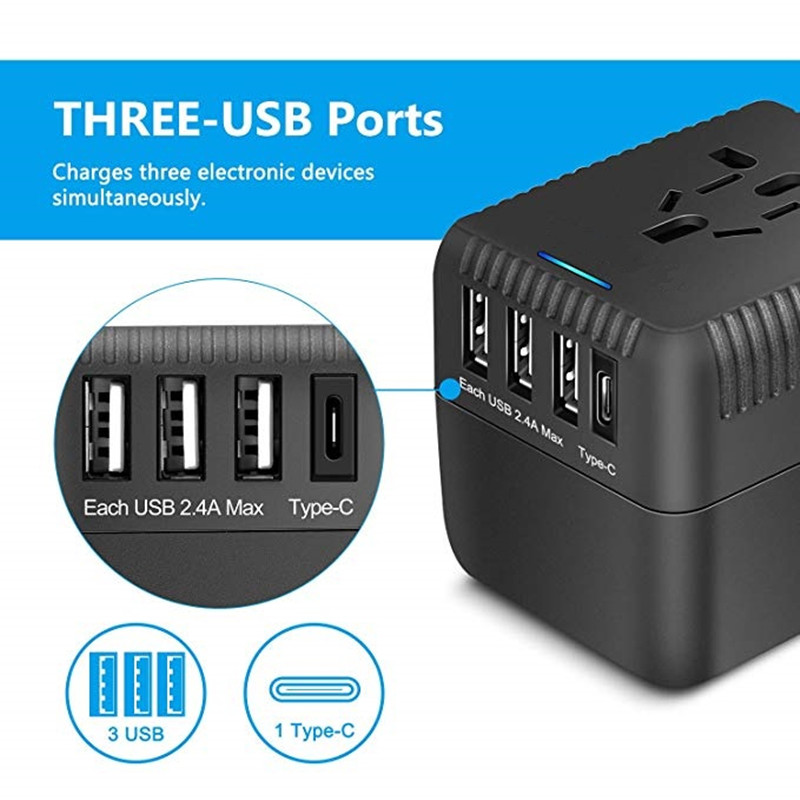 rrtravel العالمي محول ، محول الطاقة الدولية المتكاملة ، مع 3-usb-1-c ميناء الشحن ، محول المكونات الأوروبية ، محول التيار المتردد ، أوروبا ، الولايات المتحدة الأمريكية ، المملكة المتحدة الأمريكية