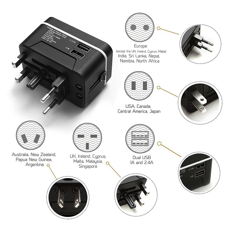 محول السفر RRTRAVEL ، محول الطاقة العالمي العالمي مع منفذي USB ومحول التوصيل الأوروبي ، جيد لأجهزة الكمبيوتر المحمولة بالهواتف المحمولة في أكثر من 150 دولة