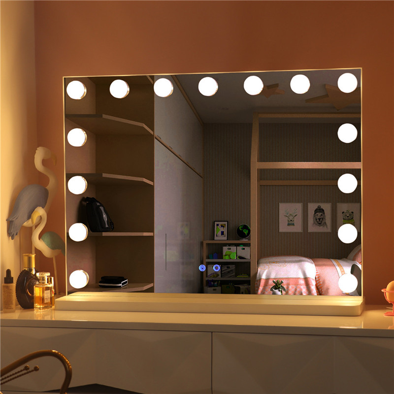 مرآة ماكياج سطح المكتب كبيرة من هوليوود مع مصابيح LED مضاءة مرآة خلع الملابس ماكياج