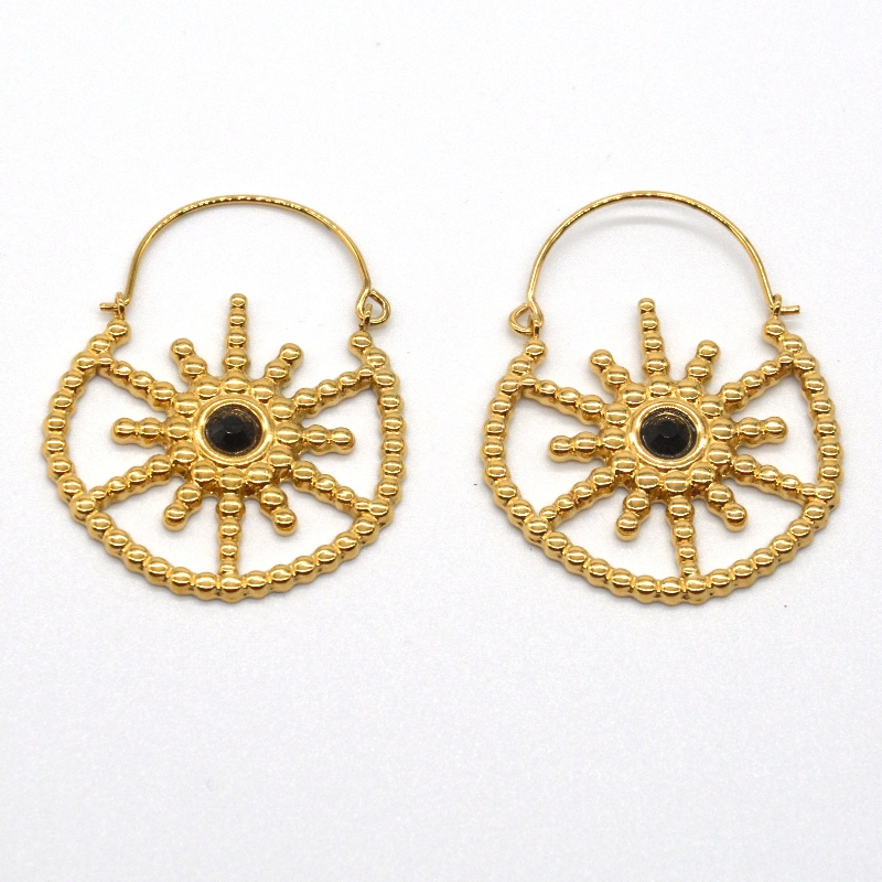 إمرأة مجوهرات مطلية بالذهب بوهيمي نمط خمر الأزهار أقراط العقيق الأسود الصين مصنع تجهيز المجوهرات Ruifanbao