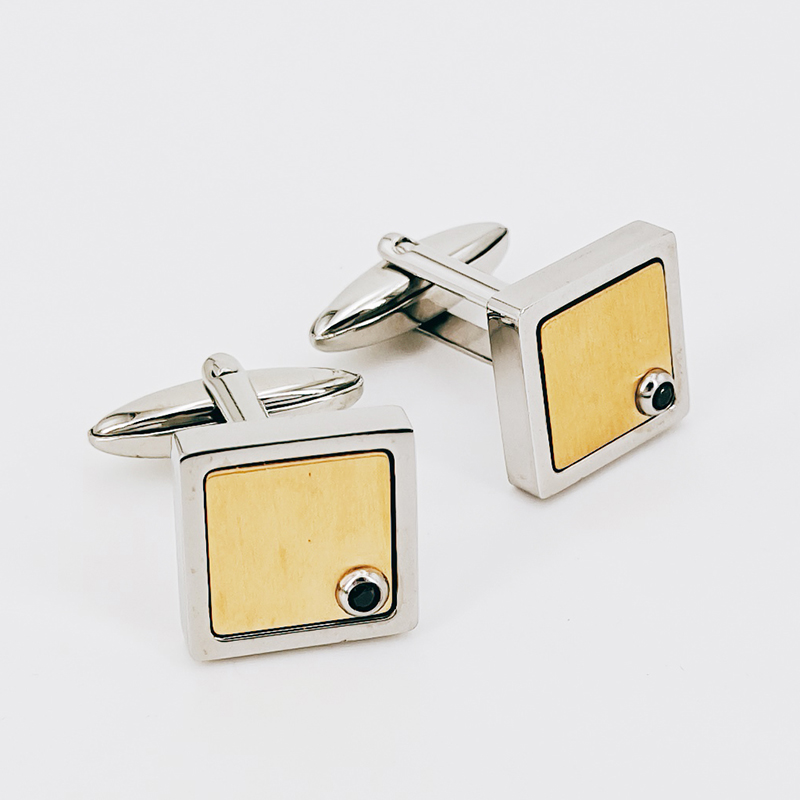 أزرار أكمام مطلية بالذهب مطلية بالذهب بلونين من الفولاذ المقاوم للصدأ بحجر تشيكوسلوفاكيا الأسود