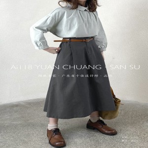 تصميم فضفاض مناسب بنمط مستقيم بسيط كاجوال بلون سادة من القطن والكتان تنورة ميدي مقاس 16532