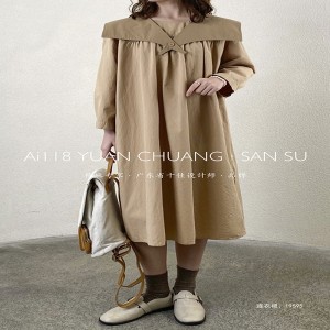 تصميم فضفاض مناسب الحد الأدنى أنيق غير رسمي بلون مطبوع من القطن والكتان فساتين قميص 19595 مخصصة كبيرة الحجم