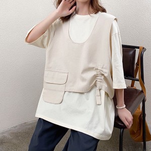 تصميم فضفاض مناسب بنمط ياقة مستديرة بسيط نمط بأكمام مخيطة غير رسمي بلون سادة من القطن والكتان مقاس كبير مخصص 19527 تي شيرت + صدريات