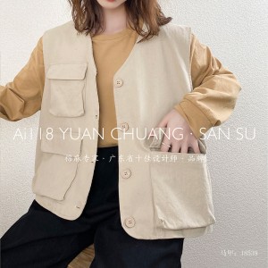 تصميم فضفاض مناسب صدرية كاجوال أنيقة بسيطة اللون سادة من القطن والكتان 18539 صدرية كبيرة الحجم مخصصة