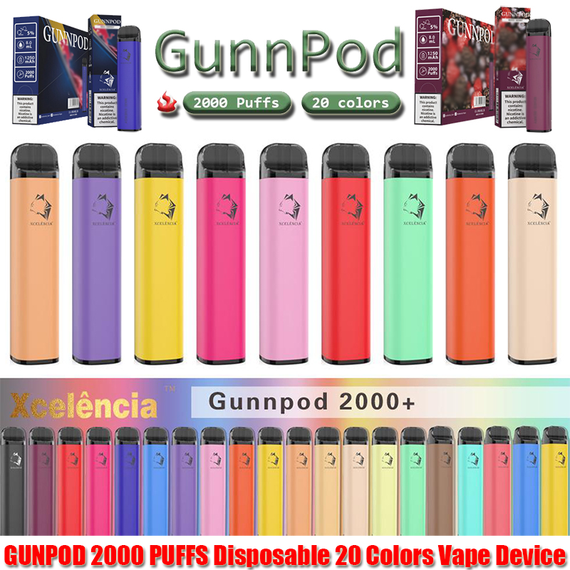 Gunnpod 2000 نفث مسبقا مليئة المتاح vape 1250mah البطارية e السجائر deive 18350 8 ملليلتر البخار كاتب كيت vs قزم بار 20 فلافس القلم جراب النفخة gunpod