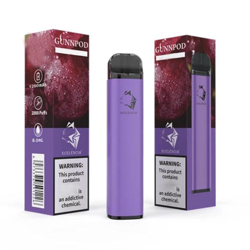 Gunnpod 2000 نفث مسبقا مليئة المتاح vape 1250mah البطارية e السجائر deive 18350 8 ملليلتر البخار كاتب كيت vs قزم بار 20 فلافس القلم جراب النفخة gunpod