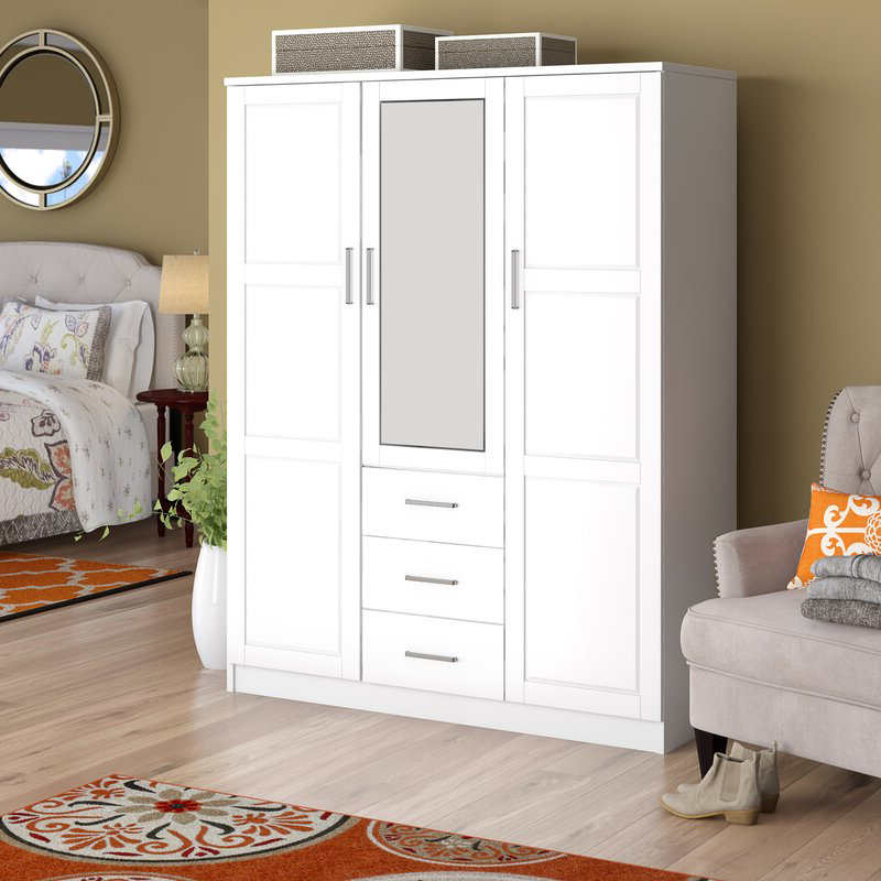 MWD22008-Solid Wood Family Wardrobe/closet/closet، خزانة 3 أبواب مع مرآة و 3 أدراج، أبيض.