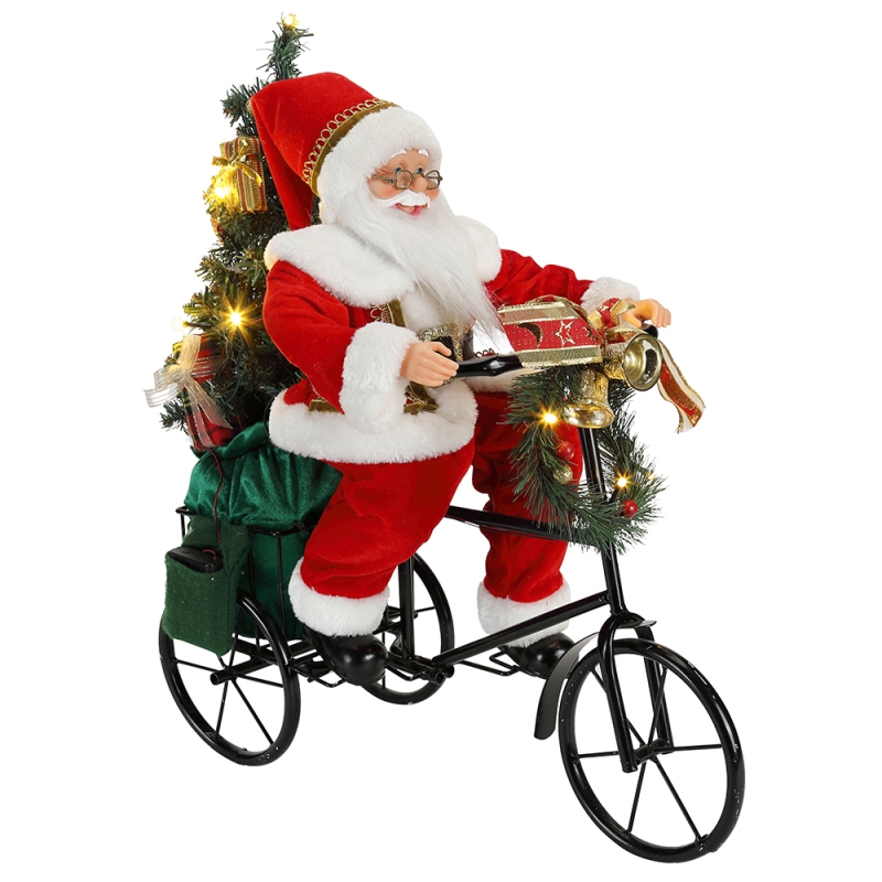 45CM سانتا كلوز يجلس على دراجة ثلاثية العجلات الإضاءة عيد الميلاد الديكور تمثال مجموعة النسيج عطلة مهرجان مخصص