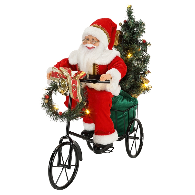 45CM سانتا كلوز يجلس على دراجة ثلاثية العجلات الإضاءة عيد الميلاد الديكور تمثال مجموعة النسيج عطلة مهرجان مخصص
