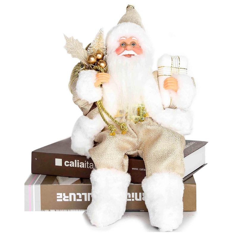 12 بوصة يجلس جولدن سانتا كلوز تمثال مع حقيبة هدية الأوراق والصندوق ارتداء الأحذية البيضاء عطلة عيد الميلاد الديكور