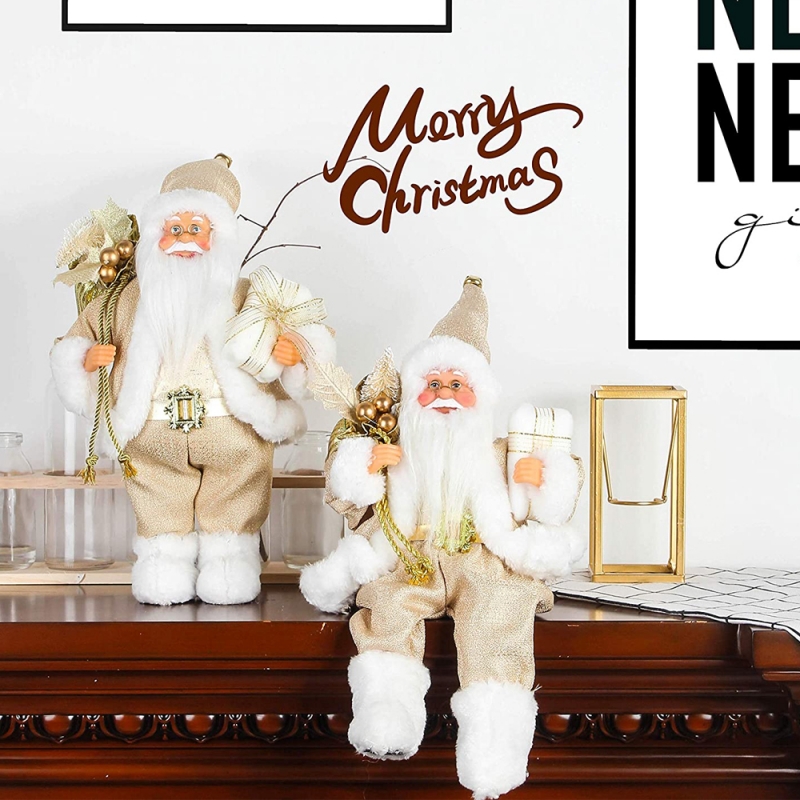 12 بوصة يجلس جولدن سانتا كلوز تمثال مع حقيبة هدية الأوراق والصندوق ارتداء الأحذية البيضاء عطلة عيد الميلاد الديكور