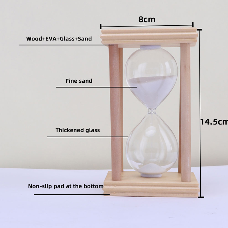 الساعة الزجاجية الزجاجية الموقت على الحامل ، تقريبا. 30 دقيقة ، لون الخشب