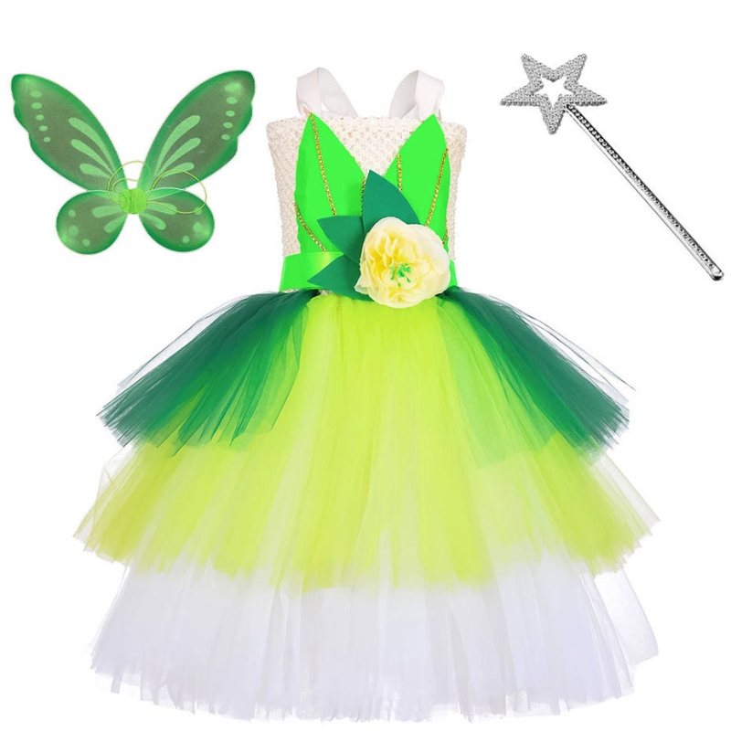 Halloween Cosplay Princess Baby Girls Party Green Flower Flower Tinker Bell Dress Assume With Butterfly Wings مجموعات