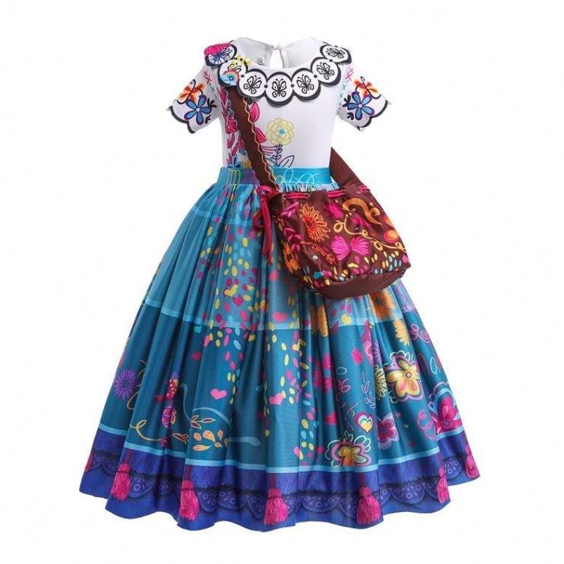 2022 الأطفال Encanto Madrigal Princess Chailts Fress Blue Mirabel Dress من Encanto مع حقيبة 100-160 سم HCIS-001