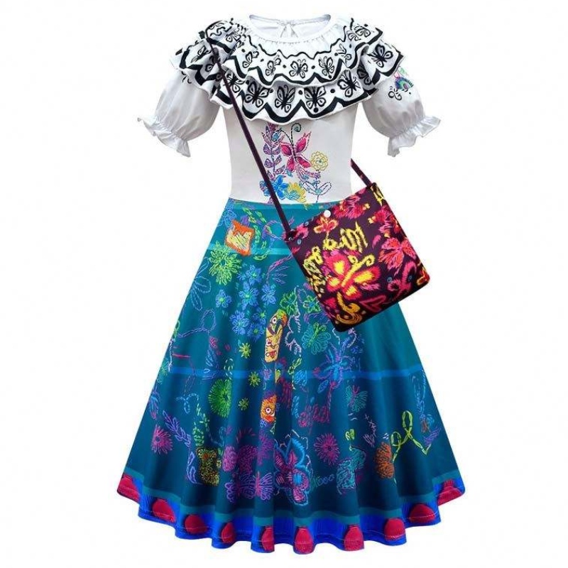 2022 الأطفال Encanto Madrigal Princess Chailts Fress Blue Mirabel Dress من Encanto مع حقيبة 100-160 سم HCIS-001