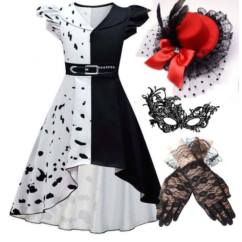 أزياء Cosplay Halloween Girls Black White دور لعب Cruella Contume مجموعة كاملة DGHC-141