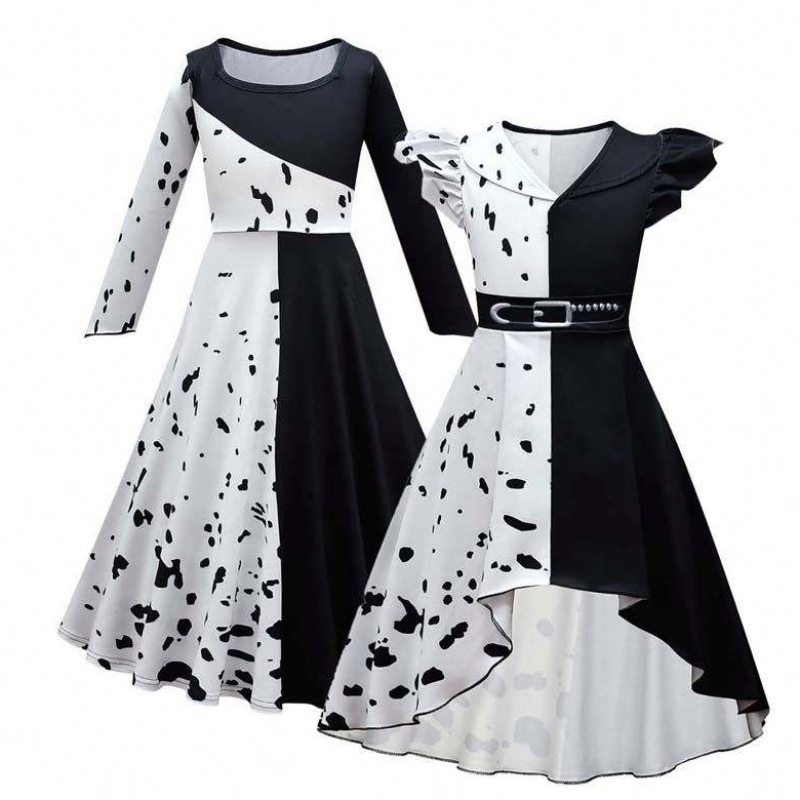 أزياء Cosplay Halloween Girls Black White دور لعب Cruella Contume مجموعة كاملة DGHC-141