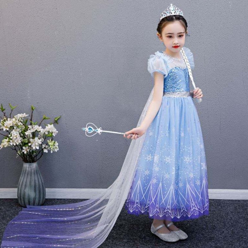 Baige 2021 New Blue Elsa Anna Girl Party Dress Cosplay Dresses Up Princess مع قلادة مصنوعة يدويًا ورأسًا طويلًا