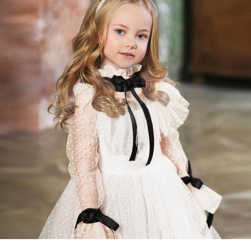 polka-dot tulle flower girl فساتين الوهم الأكمام الطويلة فتاة حفل زفاف شرائط communion ؛ ارتداء عيد ميلاد سنة جديدة