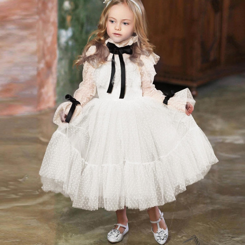 polka-dot tulle flower girl فساتين الوهم الأكمام الطويلة فتاة حفل زفاف شرائط communion ؛ ارتداء عيد ميلاد سنة جديدة