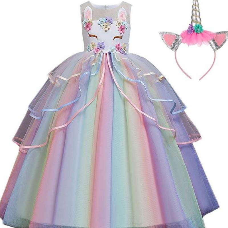 Baige Hot Sale Rainbow Unicorn Party Dresses Children Flower Girl Dress مع عقال