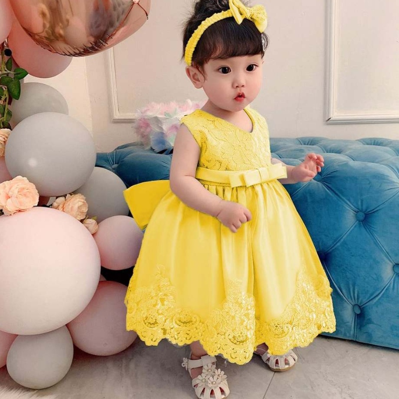 Baige 0-24month Newborn Baby Girls Dress Lace Flower Girl Small Clothing First Birthday Party Dress مع عقال L1911XZ