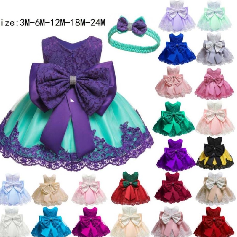 Baige 0-24month Newborn Baby Girls Dress Lace Flower Girl Small Clothing First Birthday Party Dress مع عقال L1911XZ
