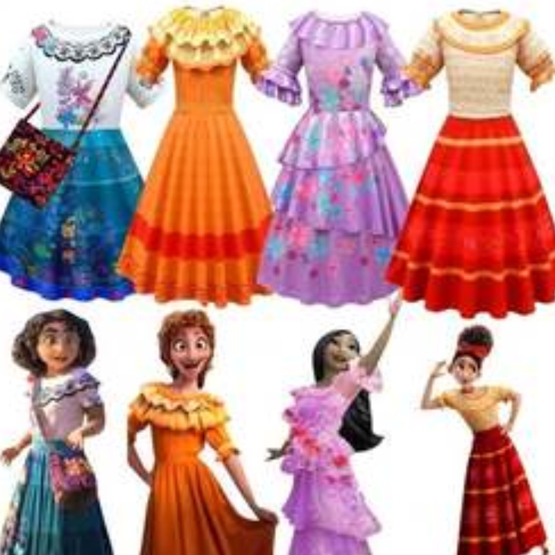 Baige Kids Girls Encanto Mirabel Cosplay Dress with Bag Halloween Carnival Suite Costume