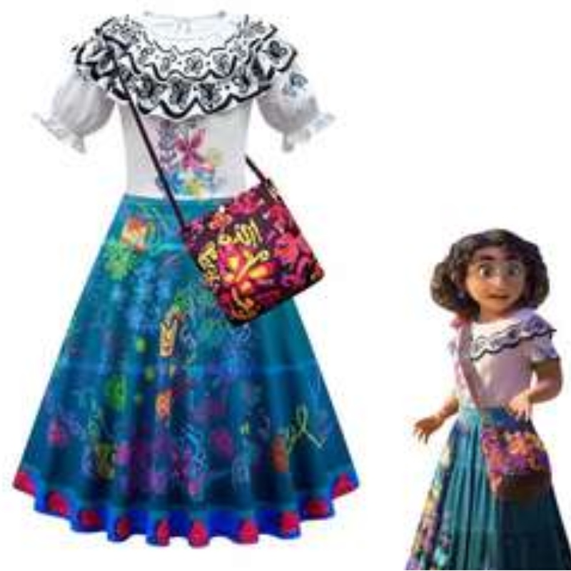 Baige Kids Girls Encanto Mirabel Cosplay Dress with Bag Halloween Carnival Suite Costume