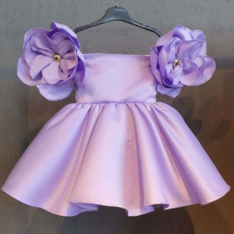 Baige Big Flower Kids Dress Pink Bridal Satin Party Baby Ball Ball Girls \\ 'عيد ميلاد مع القوس على الكتف