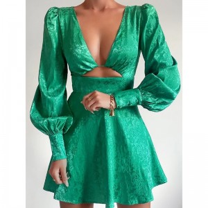 V-Neck Hollow Jacquard Dress Lantern Sleeve Short Dress Spring Style A-Line Dress