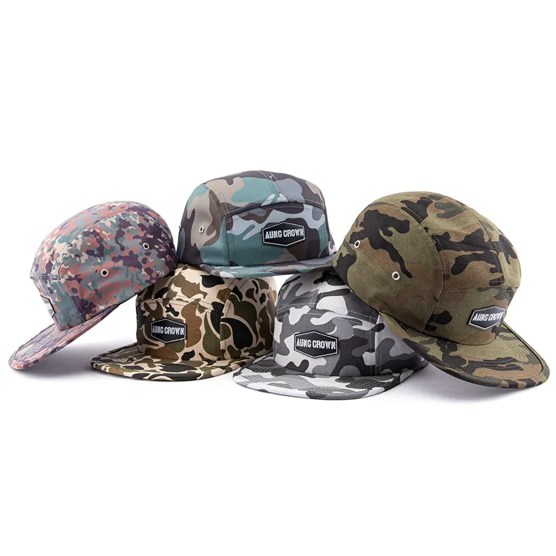 مخصصة عالية الجودة مريحة مريحة مسطحة الحافة Snapback Caps Kids 5 لوحة قبعة المخيم مع رقعة جلدية