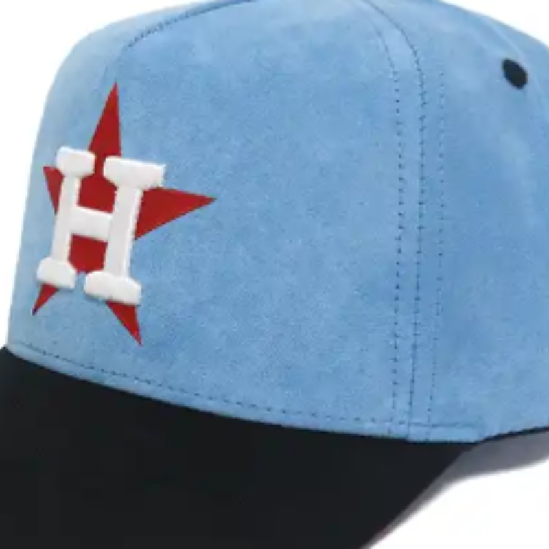 Hot Hat Design 5 لوحة من جلد الغزال الأزرق والأسود مع شعار مخصص للتطريز المسطح وقبعات التطريز ثلاثية الأبعاد نفخة